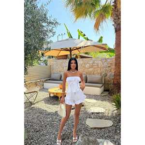 Lady's White 100% <b>Linen</b> 2-Piece Shorts <b>Set</b> Waffle Fabric Striped Top Sports Shorts Loose Fit Knee Length Sporty for Home Use - Product Image 4