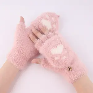Soft Mink <strong>Gloves</strong> Cat Claw <strong>Fingerless</strong> Flip <strong>Mittens</strong> Winter Warm Wool Touchscreen <strong>Gloves</strong> Flap <strong>Cover</strong> Women Men Knitted <strong>Mitten</strong> <strong>Glove</strong> - Product Image 1