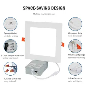 3CCT/5CCT 4'' 6'' 8'' Dimmable Recessed Ceiling Panel Slim Embedded Square ETL Energy Star Led Panel Light With Junction