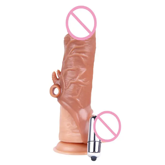 Kondom Ekstender Pembesar Dildo Bergetar Realistis TPE 6.7 Inci dengan Vibrator Peluru Lengan Penis Mainan Seks Dewasa untuk Pria