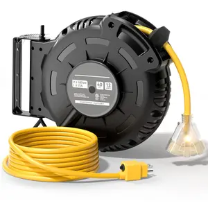 Cable de alimentación de 40 pies y 12AWG con salidas LED y ultra de 5 pies Disyuntor de 15 AMP Carrete de cable de extensión retráctil de montaje en pared