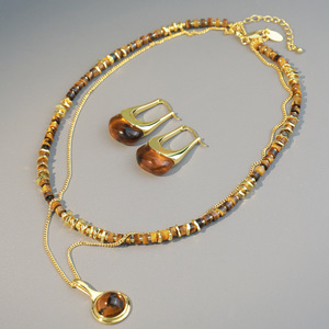 Conjunto de Joyería Vintage con Collar y Aretes de Piedra Natural, Collar de Cuentas de Ojo de Tigre Marrón de Acero Inoxidable para Mujer - Product Image 3