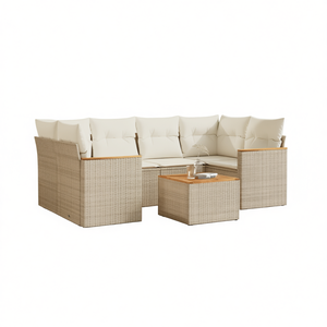 Beige Pe <b>Rattan</b> Garden <b>Sofa</b> Set With Powder Coated Steel Frame Acacia Wood Outdoor Furniture Contemporary Design 6 Seater - Product Image 1
