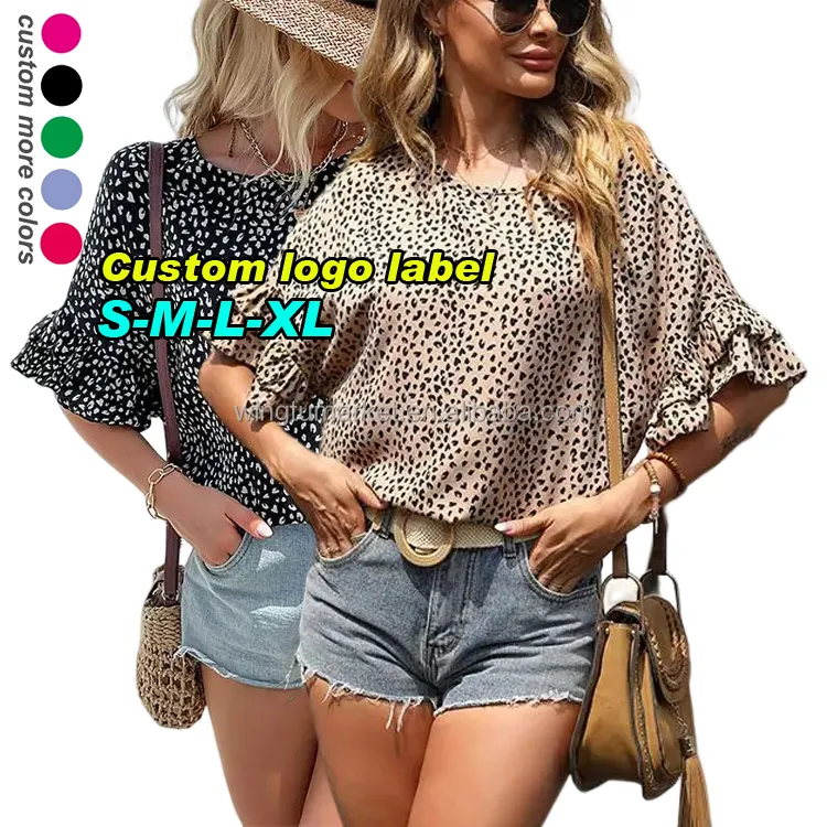Casual elegant shirts blouses women summer ruffle sleeve leopard printed tops round neck ladies chiffon blouse