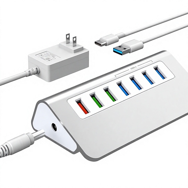 Powered USB Hub 10Gbps 7-Port USB 3.2 Gen 2 4 Data Ports 3 Fast Charging Ports 36W Type-C Power Adapter Aluminum Construction