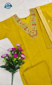 Nouvel ensemble de costume de fête jaune droit avec broderie traditionnelle Jari faite à la main sur le col, qualité boutique de créateurs, prix de gros - Product Image 4