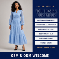 Gaun Maxi Wanita Kasual Musim Gugur Model V-Neck dengan Detail Eyelet, Rok Bertingkat, Lengan Panjang, 100% Viscose, Dapat Dicuci, Produsen OEM ODM
