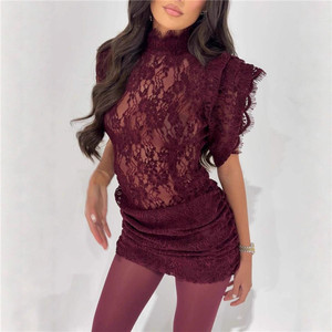 Abito da sera <span class=keywords><strong>sexy</strong></span> in pizzo trasparente da donna, slim, con maniche a volant, scollo a O, tinta unita, patchwork plissettato, modello 2026 - Product Image 2