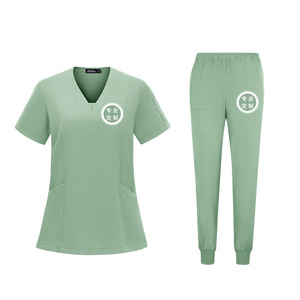 V-Neck Medical <b>Scrub</b> Set Women Polyester Short Sleeve Long Pants Hospital Uniform Workwear Custom Logo Color Option - Product Image 5