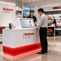 Kiosco de Punto de Venta Moderno con Base Roja y Cuerpo Blanco, Mostrador POS con Soporte para Monitor, Escritorio para Tienda