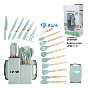 Kaimi Wooden Handle Silicone Kitchenware Set Baking <b>Tool</b> <b>Storage</b> Bucket Non Stick Spatula Kitchen Utensils Cooking Set - Product Image 1