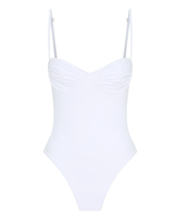 Maillot de bain une pièce pour femme, personnalisé OEM, blanc, à encolure plongeante, séchage rapide, extensible, avec buste froncé, armatures et coupe échancrée, style string, vente en gros