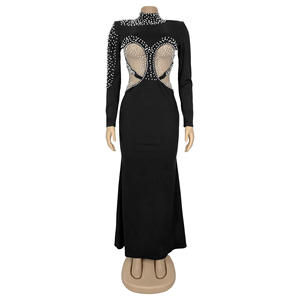 エレガントで豪華な女性用パールホローデイ高級ロングスリーブマーメイドプロムマキシ丈ソリッドパターンナチュラルウエストライン織り - Product Image 3