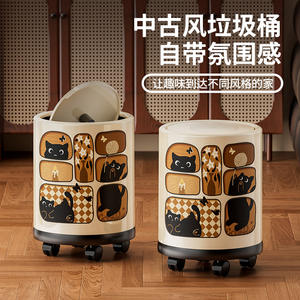Cubo de basura cilíndrico de estilo vintage con tapa y ruedas para cocina, sala de estar, dormitorio, uso interior, capacidad de 1,05 kg - Product Image 5