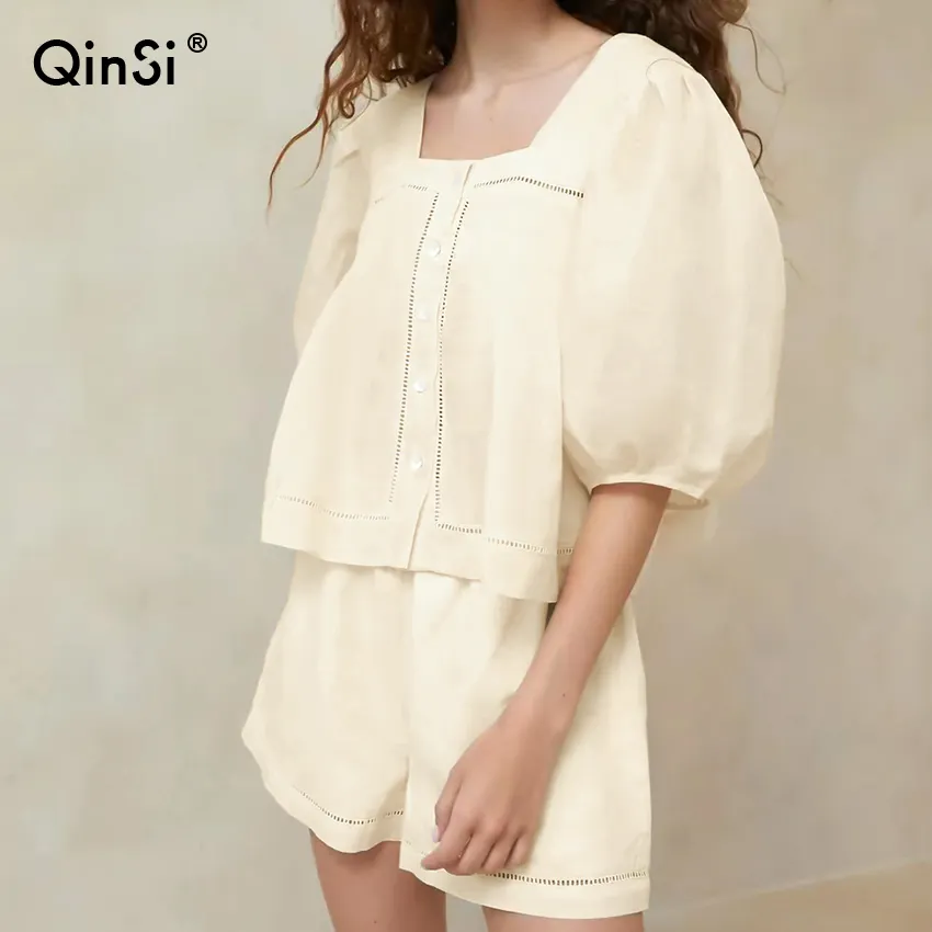 QINSI Shorts pigiama allentato per donna set da 2 pezzi Sleepwear manica corta abiti femminili Khaki 2023 Summer Casual Nightwear