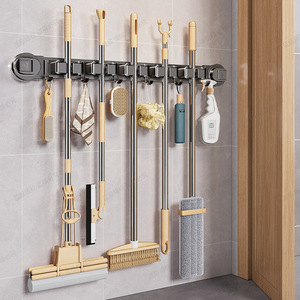 Bathroom Suction Cup <b>Mop</b> Holder With Hooks Stainless Steel <b>Wall</b> Mounted Organizer For Toilet Cleaning Tools Storage Rack - Product Image 4