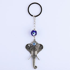 Sacred Antique Silver Alloy Elephant Key Chain Ring Hanging with Glass Evil Eye Beads Talisman Gift for Decoration