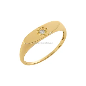 Chevalière en or jaune pur 14K avec diamant, chevalière étoile classique à la mode, bague en or véritable 14K