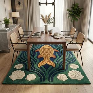 Tapis en laine coloré motif poissons Koi avec éléments coquillages ivoire et surface tuftée à la main pour salon, chambre, chambre d'enfant et espace enfant - Product Image 5