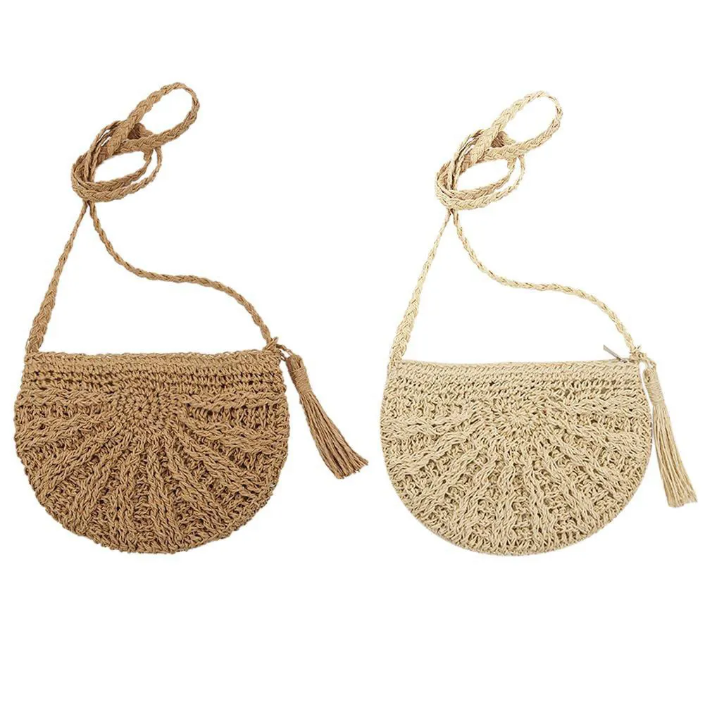 Bolsa de palha trançada feminina, bolsa feita à mão para praia, para o verão, com borla, semicírculo