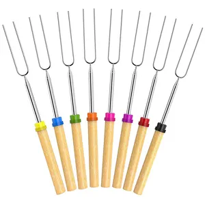 Палочки для запекания зефира из нержавеющей стали, набор раздвижных вилок, деревянная ручка, гриль, барбекю, Шпажки для барбекю