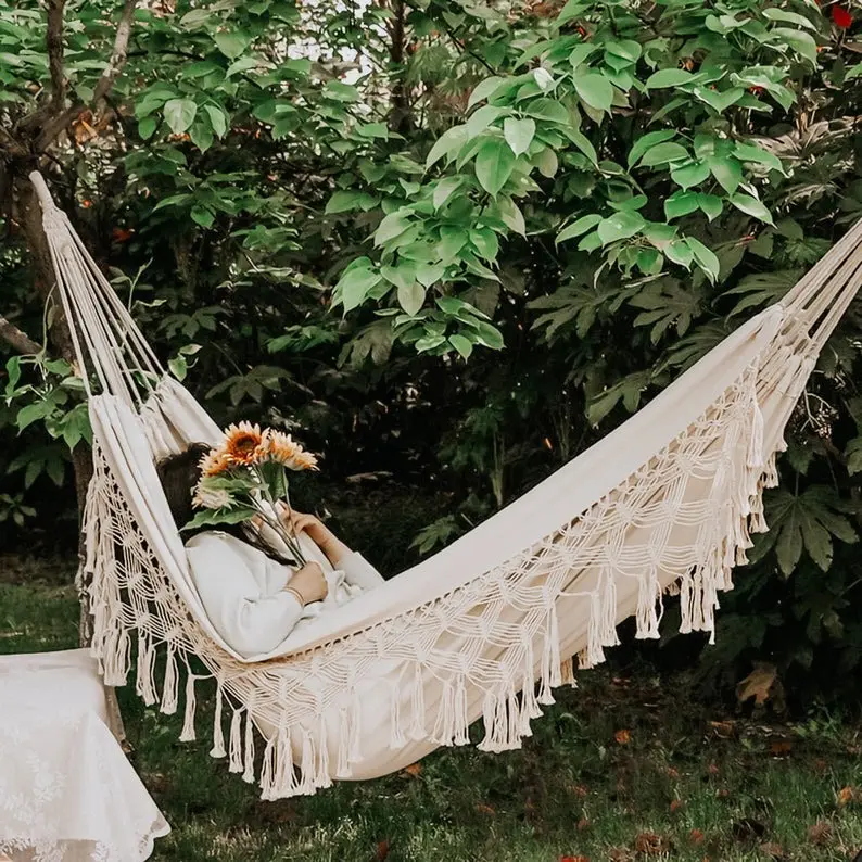 Macrame cadeira de algodão natural boho, cadeira pendurada no jardim, feito à mão, 2023