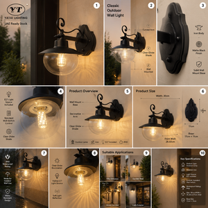 IP65 Waterproof Outdoor Wall Sconce Iron E27 Clear <b>Globe</b> Shade Matte Black Curved Arm For Garden Porch Wall Mounted - Product Image 1