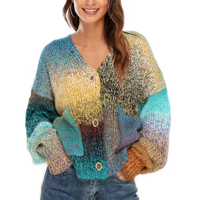 OEM Custom Fashion Cashmere Sweater Spring Rainbow Plain Knit Cardigan jacket Long Sleeve Women knit top Casual Cardigan Sweater