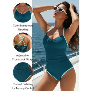 Traje de baño de una pieza FOXA para mujer, control de abdomen, espalda cruzada, cobertura completa, azul y verde, talla S - Product Image 4