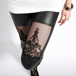 Leggings da <span class=keywords><strong>donna</strong></span> Punk neri in finta <span class=keywords><strong>pelle</strong></span> con motivo floreale a fasciatura in pizzo con cuciture gotiche vestiti PU - Product Image 6