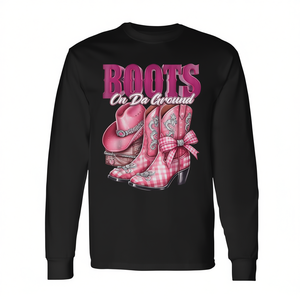 Camiseta de manga larga estilo vaquero con diseño de botas a cuadros rosas de Boots On Da Ground - Product Image 3