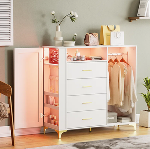 <span class=keywords><strong>Commode</strong></span> améliorée avec armoire à bijoux <span class=keywords><strong>et</strong></span> lumière LED <span class=keywords><strong>Commode</strong></span> polyvalente avec porte-vêtements <span class=keywords><strong>et</strong></span> pieds dorés - Product Image 1