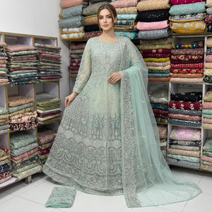 Light <b>Blue</b> Embroidered Silk Salwar Kameez Floor Length Wedding Dress With Net Dupatta For Women India Pakistan Elegant Style - Product Image 1
