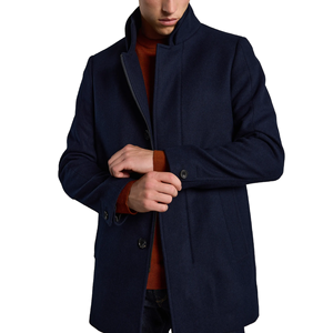 <strong>Men's</strong> Slim Fit Navy/Beige <strong>Funnel</strong> <strong>Neck</strong> Car <strong>Coat</strong> Woolen Merino <strong>Wool</strong> Overcoat with Button Decoration - Product Image 3