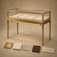 Vitrine à bijoux sur pied haut de gamme couleur or champagne, style musée moderne avec éclairage LED et dessus en verre verrouillable