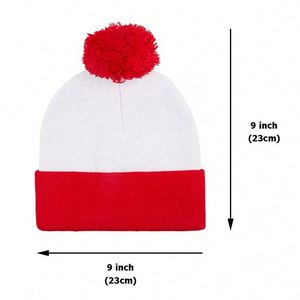 Custom Logo Winter Fold Over Cuffed Knit <b>Hat</b> Red White Pom Beanie for Holiday Promotions - Product Image 2