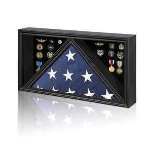 2026 Vitrine de drapeau d'enterrement pour drapeau d'enterrement vétéran et médailles Boîte d'ombre en bois massif avec finition noire en verre véritable - Product Image 3