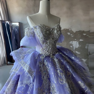 Vestido de Quinceañera Wx55 Lila para Niñas, con Hombros Descubiertos, Apliques Florales de Encaje, Antiestático, Cola Capilla, Largo hasta el Suelo, Vestido de Fiesta - Product Image 3