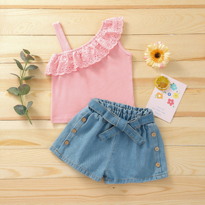 Conjunto de Dos Piezas al por Mayor para Niñas de 2 a 6 Años, Top con Cuello de Volantes a la Moda y Pantalones Cortos de Mezclilla, Ropa para Niñas - Product Image 2