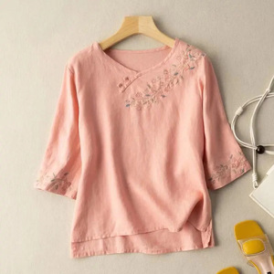 Chinese Style Embroidered <b>Shirt</b> Purple Cotton Linen Three Quarter Sleeve Top Everyday Wear - Product Image 3