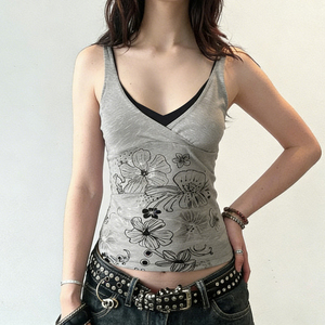 เสื้อกล้ามถักนิตติ้งระบายอากาศได้ดี สไตล์วินเทจ Y2K ลายดอกไม้ แต่งสีบล็อก ดีไซน์เลเยอร์แบบซ้อนกัน - Product Image 1