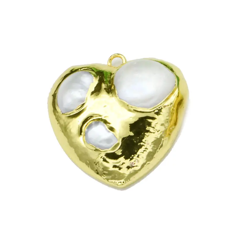 Gold Plating Natural Freshwater Pearl Clay Paved Metal Base Heart Shape Pendants For Fashion Women Jewelry Making Findings