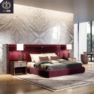 大现代奢华红葡萄酒红色超级特大软垫床天鹅绒实木框架双人床