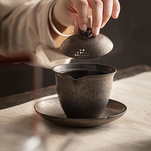 Handmade Rust Glazed Gaiwan With Lid Pottery Kung Fu <b>Tea</b> <b>Set</b> Travel Style - Product Image 1