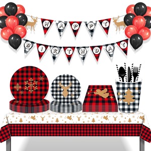 Huancai lumberjack party supplies paper plates cups napkins disposable tableware set for kids Christmas party decorations