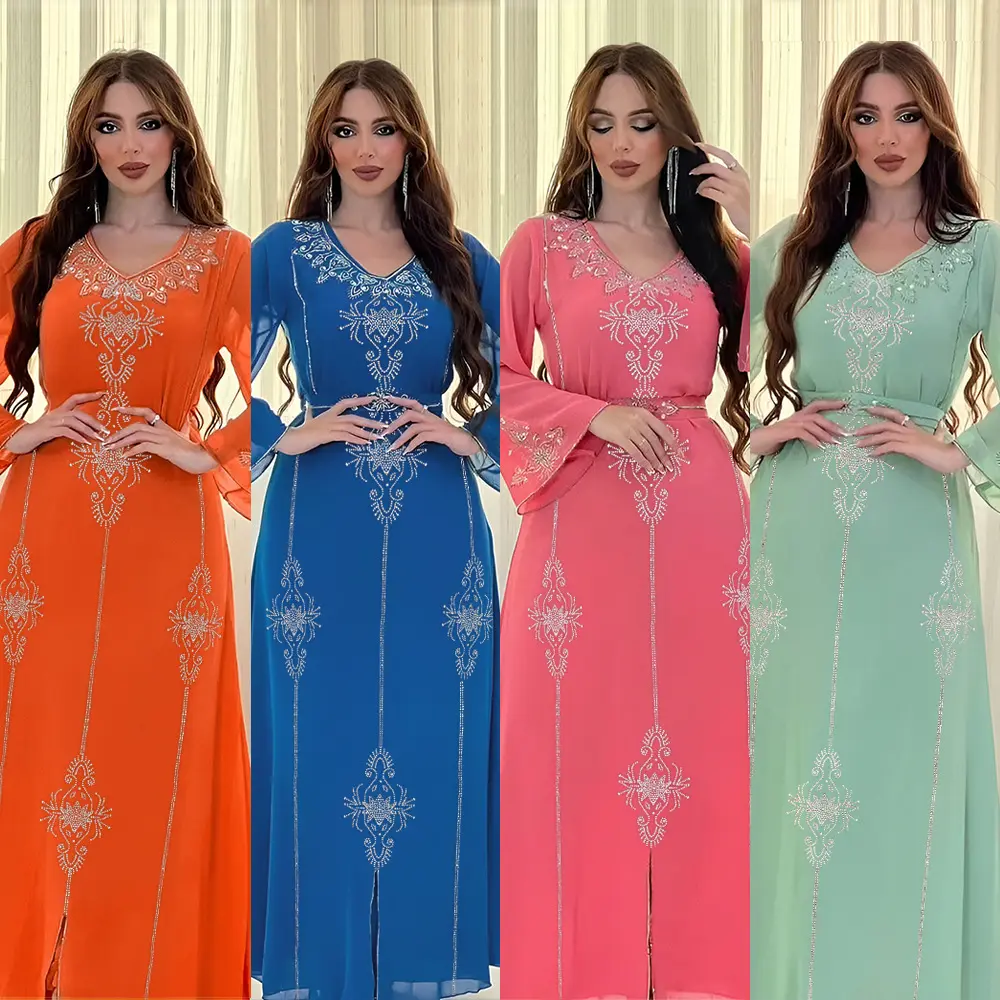 Trung Đông thời trang khiêm tốn abaya caftan ăn mặc Ả Rập Dubai Rhinestone kim cương dài tay áo V cổ hồi giáo bên Ăn mặc
