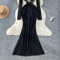 Robe décontractée élégante pour femme à manches longues, avec empiècements en dentelle et maille, ourlet sirène, ornée de perles, pour les fêtes et le quotidien