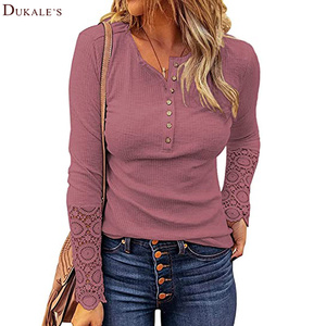 Áo Dáng Dài Ôm Có Cúc Áo Thun Dài Tay Ren Cho Nữ Áo Dáng Ôm Thanh Lịch Màu Trơn Áo Sơ Mi Dệt Kim Gân Cổ Tròn Co Giãn Áo Cánh - Product Image 3