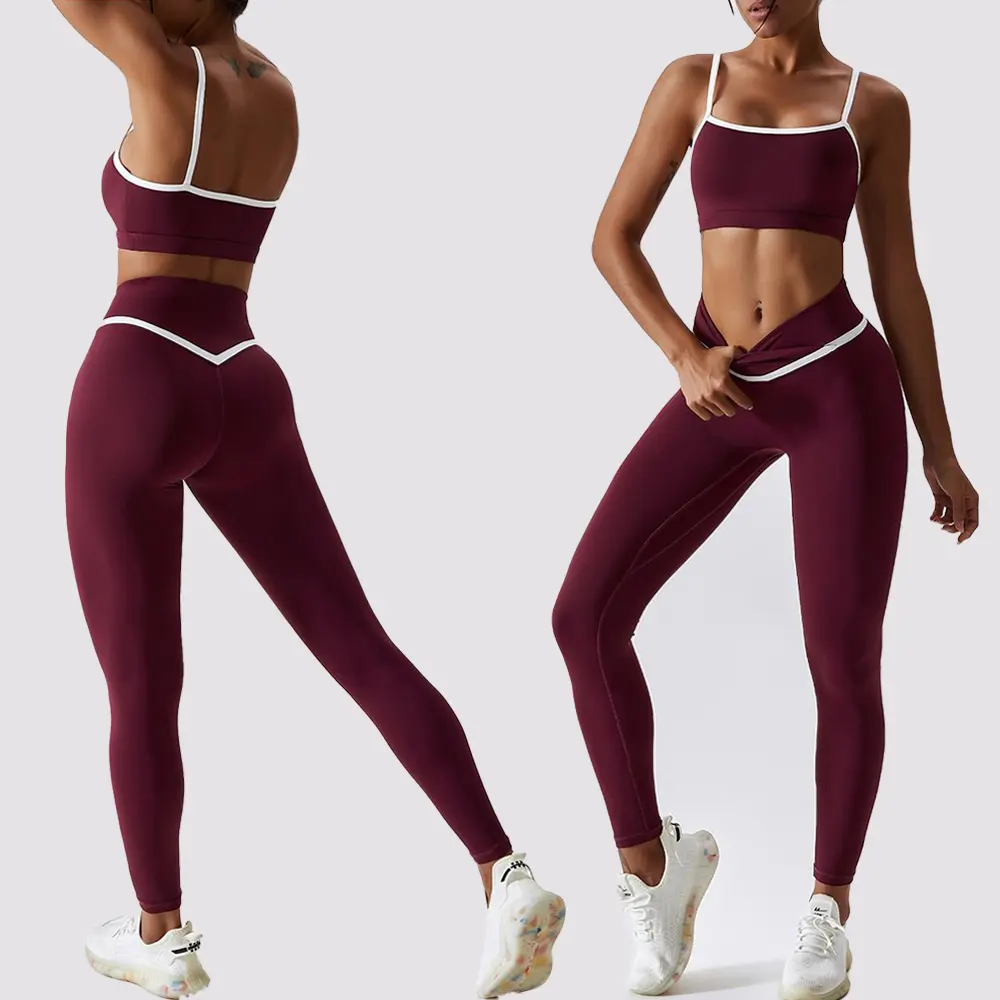 All'ingrosso Fitness Gym color Blocking reggiseno sportivo V Cut Cross Leggings in vita 2 pezzi Set abbigliamento Outdoor Gym Yoga Set per le donne