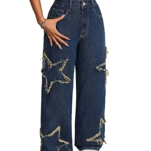Jean baggy bleu pour femme avec logo personnalisé OEM, coupe droite délavée avec broderie effet usé et design à jambe large - Product Image 1